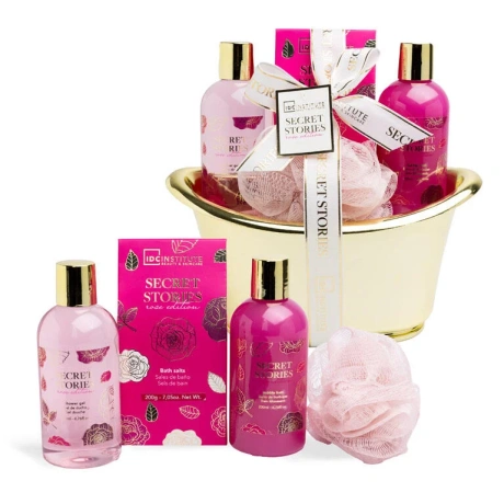 Kinkekomplekt Secret Stories kuldses vannis – roosi & pojengi lõhn (4 toodet)