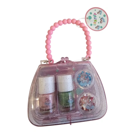 Laste käekoti kujuline karp küünelakkide ja küüntekaunistustega